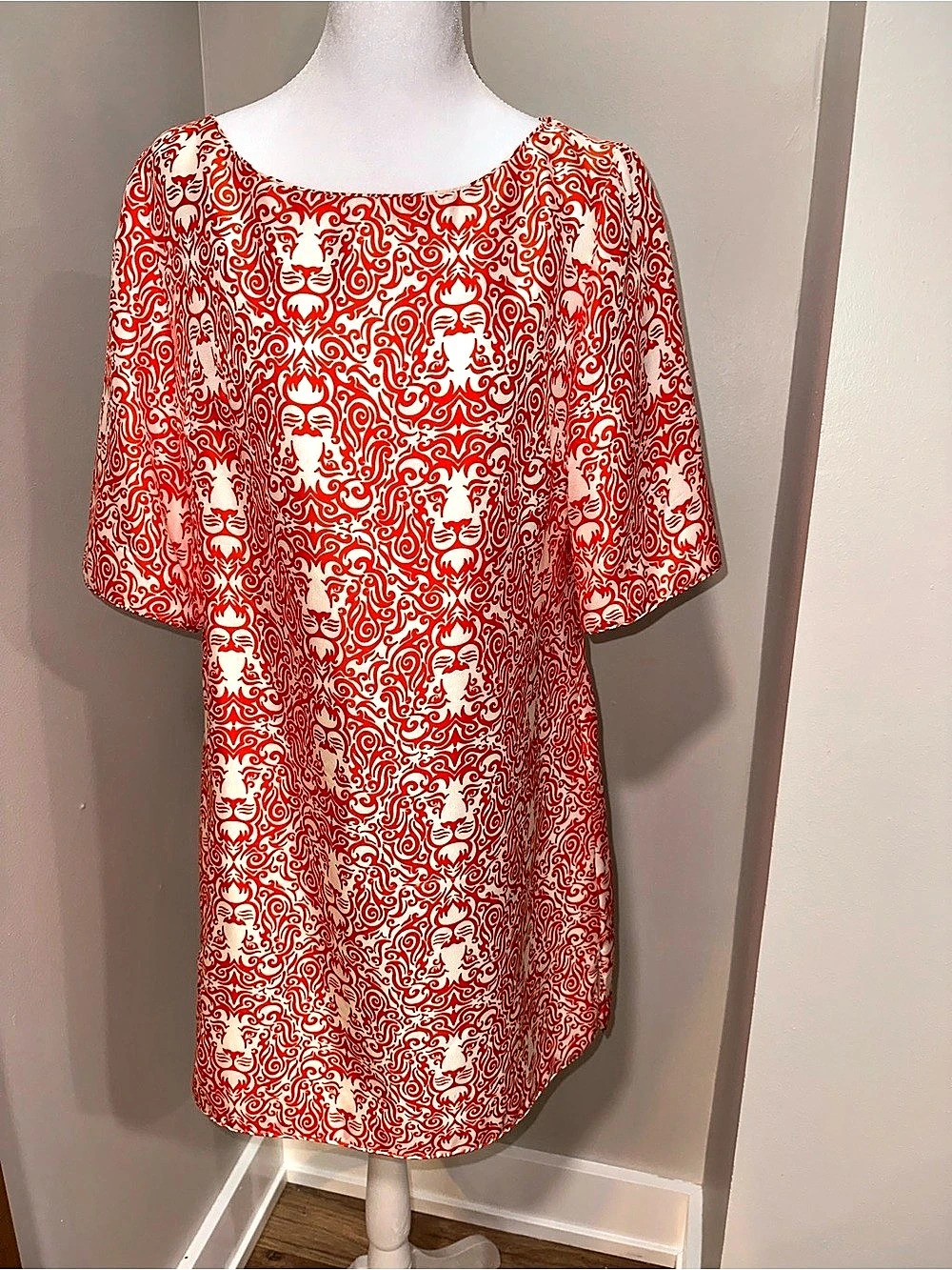 Elizabeth McKay 100% Silk Orange/Red & White Abstract Tunic Dress Size 6 Like Ne